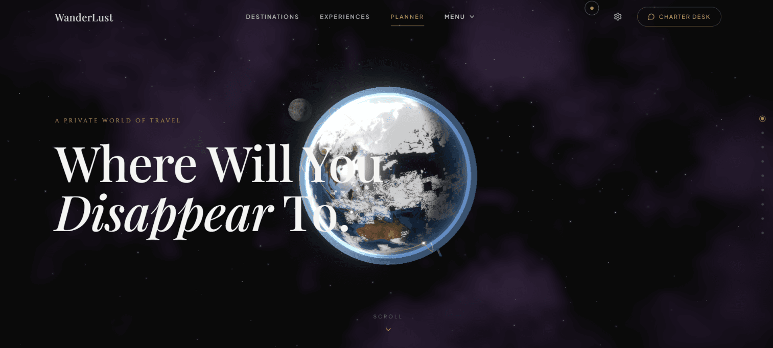 Wanderlust 3D luxury travel website experience